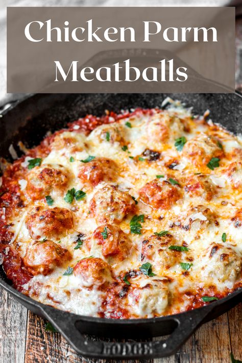 Chicken Meatball Parmesan Bake, Chicken Meatball Pasta Recipe, Chicken Parm Meatballs Crockpot, Mozzarella Chicken Meatballs, Easy Healthy Dinner Ground Chicken, Dishes With Meatballs Dinners, Chicken Meatballs With Pasta, Chicken Meatballs And Spaghetti, Ground Chicken Parmesan Meatballs