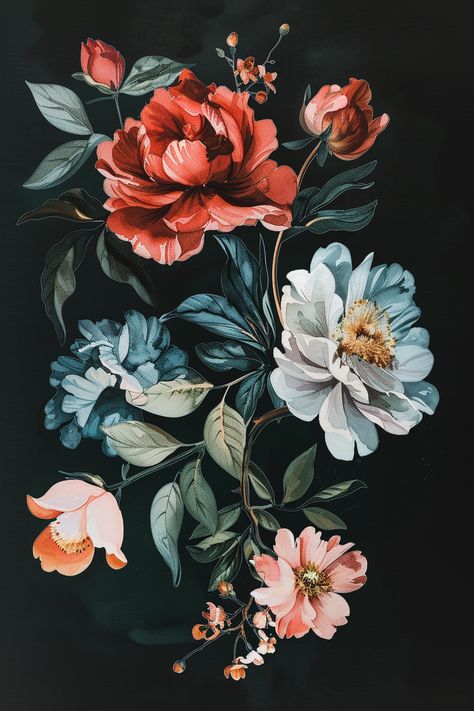 Vintage Watercolor Flower Illustration on Black Background Floral On Black Background, Black Background Floral Painting, Flower Tattoo Illustration, Flower Painting With Black Background, Paintings On Black Background, Flower Painting Black Background, Dark Flower Art, Dark Flower Painting, Illustrated Flowers