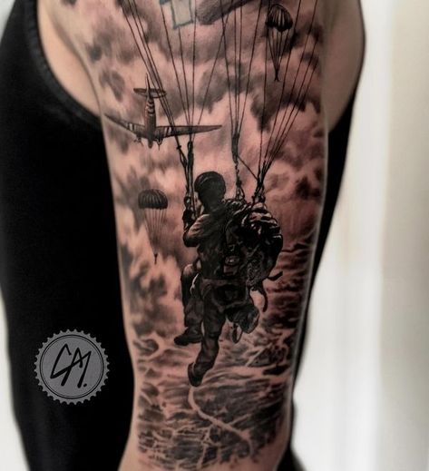 Army Tattoos For Men, Ww2 Tattoo, Airborne Tattoos, Soldier Tattoo, Army Tattoos, Illustration Art Design, Old Tattoos, Realism Tattoo, Tattoos For Men