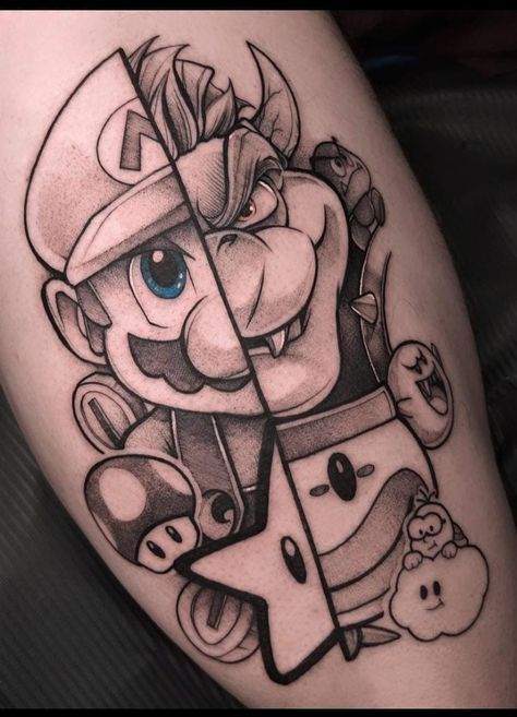 Bowser Tattoo Ideas, 90s Cartoons Tattoos, Matching Cartoon Tattoos, Deadmau5 Tattoo, Mario Tattoo Design, Bowser Tattoo, Mario Tattoo Ideas, Bowser Drawing, Cartoon Flash Tattoo