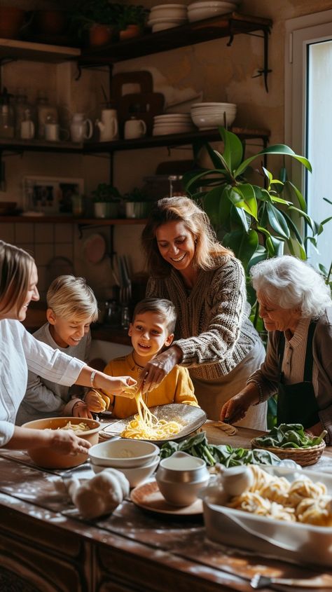 Family Cooking Together: A multigenerational family enjoys a bonding moment while preparing a meal together in a cozy kitchen. #family #cooking #kitchen #multigenerational #meal #aiart #aiphoto #stockcake ⬇️ Download and 📝 Prompt 👉 https://ayr.app/l/QVzr Baking With Family, Family Cooking Photography, Family Dinner Photoshoot, Family Meal Aesthetic, Family Get Together Food, Cooking With Husband, Family Breakfast Aesthetic, Familie Aesthetic, Family Dinner Aesthetic