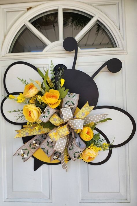 Front Door Hanger Decor Bee Door Hanger Bee Wreath for Front - Etsy Bee Wreaths For Front Door, Bee Door Hanger, Bee Baby Shower Decoration, Porch Refresh, Bee Decorations, Front Door Door, Yellow Ranunculus, Door Swags, Front Door Hanger