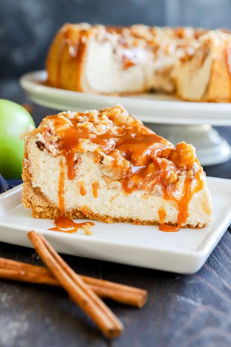 This caramel apple crumble cheesecake combines a creamy spiced filling, tart cinnamon apples, and a buttery crumb topping for the ultimate fall dessert. Drizzled with salted caramel sauce, it’s the most decadent treat for any gathering. The Best Apple Crumble, Best Apple Crumble, Apple Crumble Cheesecake, Caramel Apple Crumble, Crumble Cheesecake, Cake By Courtney, Blackberry Crumble, Salted Caramel Cake, Seasonal Cooking