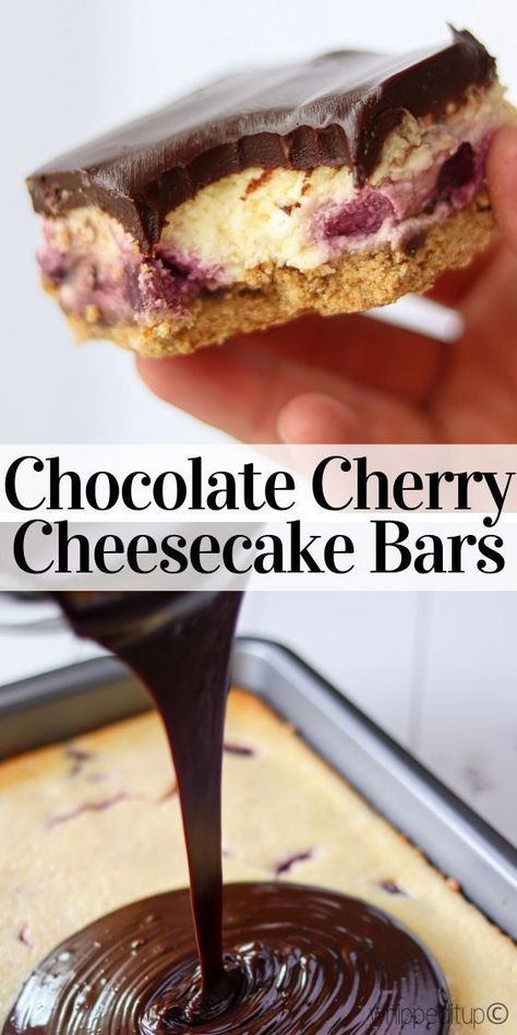 Cheesecake Bars 9x13, Cherry Cheesecake Bars, Chocolate Cherry Cheesecake, Cheesecake Ideas, Sweets Bar, Cheesecake Cups, Tasty Desserts, Cherry Desserts, Dessert Bar Recipe