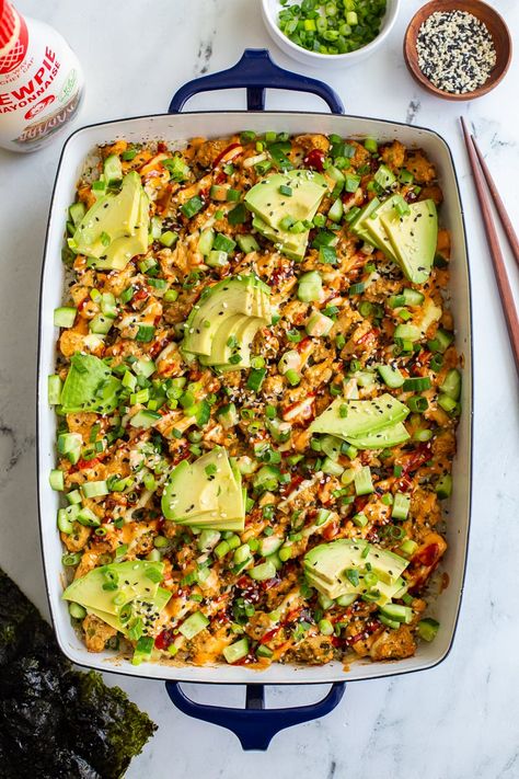 This Vegetarian Sushi Bake is my take on the VIRAL trend that has been ALL over Tiktok and Instagram for many months! Tofu Sushi Bake, Vegetarian Sushi Bake, Vegan Sushi Bake, Vegetarian Sushi Bowl, Tofu Casserole, Sweet Potato Sushi Roll, Sushi Vegetarian, Vegetarian Sushi Recipes, Tofu Sushi