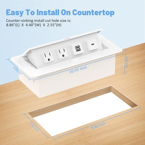 Countertop Pop Up Outlet, Pop Up Power Outlet, Electrical Outlets Ideas, Hidden Power Outlet, Countertop Outlets, Hidden Countertop, Hidden Outlet, Handyman Hacks, Pop Up Outlets