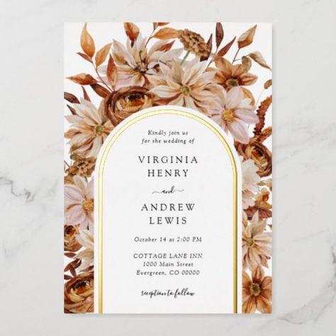 $4.10 | Fall Wedding #watercolor floral, elegant botanical, rustic boho, neutral earth tones floral, fall colors, romantic autumn wedding, terracotta burnt orange rust tan, modern arch frame, real gold foil invitation, monogram back Fall Wedding Invitation Suite, Wedding Terracotta, Popular Wedding Invitations, Rust Wedding, Romantic Autumn, Neutral Earth Tones, Colored Roses, Gold Foil Invitation, Card Inspo