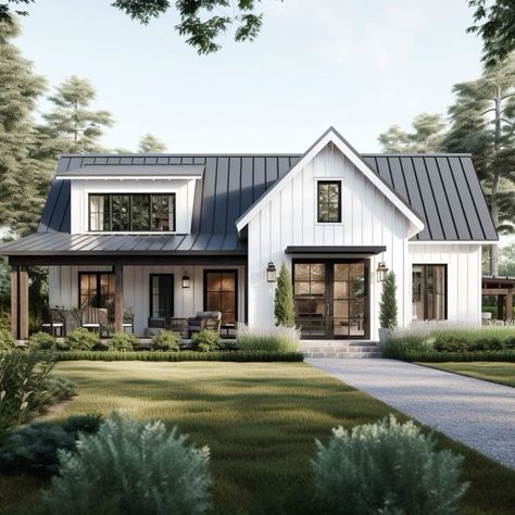 Modern Home Exteriors White, White Farmhouse Landscape Ideas, Metal Roof Modern Farmhouse, Modern Southern Farmhouse Exterior, Modern Farmhouse Homes Exterior, Modern Farmhouse With Metal Roof, Rustic White House, White Modern Cottage Exterior, Farmhouse Black And White Exterior