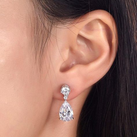 Clear Earrings, Pear Cut Diamond, Silver Dangle Earrings, Sterling Silver Dangle Earrings, 3 Carat, Silver Earrings Dangle, Moissanite Diamonds, Pear Cut, Round Cut Diamond