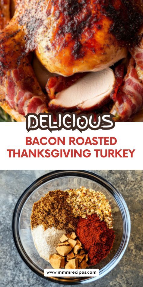 Elevate your Thanksgiving dinner with this Bacon Roasted Turkey! Wrapped in crispy bacon and roasted to perfection, it’s juicy, flavorful, and will impress all your guests. Whether you're hosting a large gathering or a cozy family meal, this recipe is a guaranteed hit. Pin it now for the ultimate holiday turkey! #BaconWrappedTurkey #ThanksgivingRecipes #HolidayCooking #TurkeyRecipes Turkey Preparation Thanksgiving, Fun Turkey Recipes, Best Turkey Thanksgiving Recipes, How To Prep A Turkey Thanksgiving, Different Ways To Cook A Turkey, Full Turkey Recipes, Bbq Thanksgiving Dinner, Roasted Turkey Recipes Thanksgiving, Best Turkey Recipe Thanksgiving