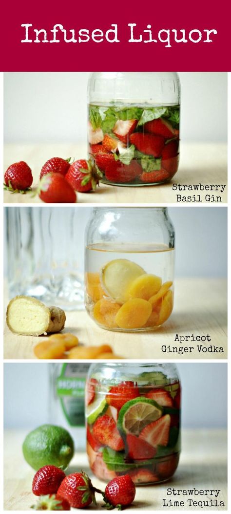 Make some interesting fruit infused liquors for your next party. Recipes include Strawberry Basil Gin, Strawberry Lime Tequila, Apricot Ginger Vodka. Delicious drinks! Strawberry Infused Tequila, Infused Tequila Recipes, Vodka Infusions, Infused Alcohol, Strawberry Tequila, Infused Liquors, Alcohol Infusion, Recipes Strawberry, Homemade Alcohol