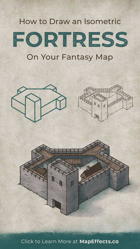 Steps to drawing an isometric castle fortress on your fantasy maps Fantasy Map Compass Drawing, Fantasy City Map Drawing, Fantasy Map Buildings, Making A Fantasy Map, Drawing A Castle, Fantasy Map Ideas, Structures Drawing, Fantasy Map Art, Fantasy World Maps