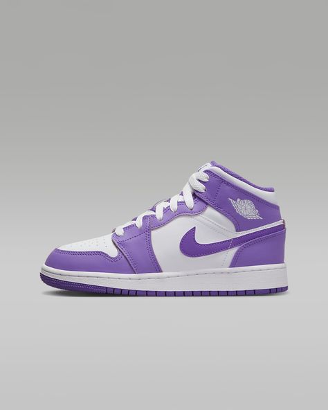 Air Jordan 1 Mid Big Kids' Shoes. Nike.com Purple Nike Jordans, Cute Nike Shoes Purple, Venom Purple, Purple Nike Shoes, Jordan Shoes For Kids, Sky Shoes, Old Nikes, Ball Outfit, Jordan Mid