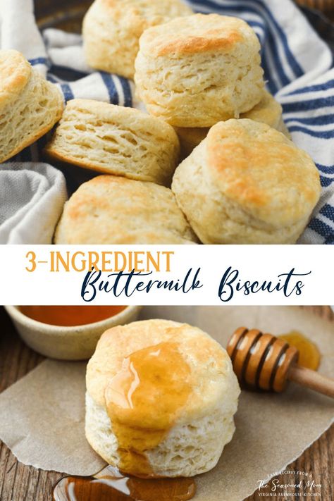 3 Ingredient Biscuits, 3 Ingredient Biscuit Recipe, Homemade Buttermilk Biscuits, Yummy Biscuits, The Seasoned Mom, Flaky Biscuits, Homemade Buttermilk, Biscuits Easy, Biscuit Recipes