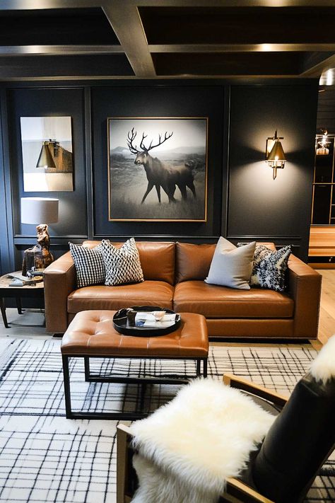 50+ Masculine Cozy Living Room Inspirations With Character & Class Dark Wall Leather Couch, Den With Leather Couch, Living Room Designs Dark Leather Couch, Gentleman Living Room, Masculine Color Palette Man Cave, Masculine Media Room, Masculine Country Living Room, Masculine Wall Decor Living Room, Social Room Ideas