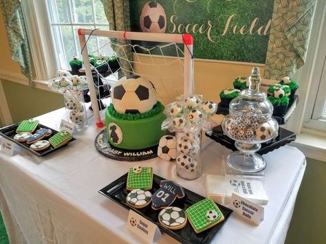 Soccer Theme Baby Shower | CatchMyParty.com Soccer Theme Party Ideas, Soccer Theme Dessert Table, Soccer Party Desserts, Soccer Theme 1st Birthday Party, Soccer Bday Party Ideas, Soccer Birthday Party Ideas For Boys, 1st Birthday Soccer Theme, First Birthday Boy Soccer Theme, Soccer 1st Birthday Baby Boy