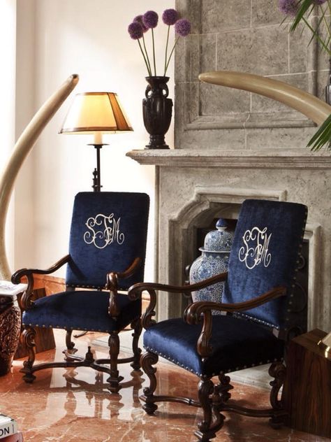 l. Monogram Chair, Glamorous Furniture, Furniture Fabrics, Elegant Interior Design, World Decor, Blue Home Decor, Sitting Pretty, Navy Velvet, Upholstery Fabrics