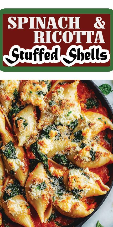 Spinach & Ricotta Stuffed Shells Ingredients: 12 jumbo pasta shells 1 ½ cups ricotta cheese ¼ teaspoon nutmeg (optional) 1 cup mozzarella cheese, shredded (plus extra for topping) ½ cup parmesan cheese, grated 1 large egg 1 cup fresh spinach, chopped (or ½ cup frozen spinach, thawed and drained) 2 cloves garlic, minced 2 cups marinara sauce 1 tablespoon olive oil Salt and pepper, to taste Fresh basil or parsley, for garnish #spinach #easyrecipes #camilarecipes Spinach Ricotta Stuffed Shells, Food With A Twist, Ricotta Stuffed Shells, Spinach Stuffed Shells, Stuffed Shells Ricotta, Jumbo Pasta Shells, Cheese Stuffed Shells, Spinach Ricotta, Pasta Shells