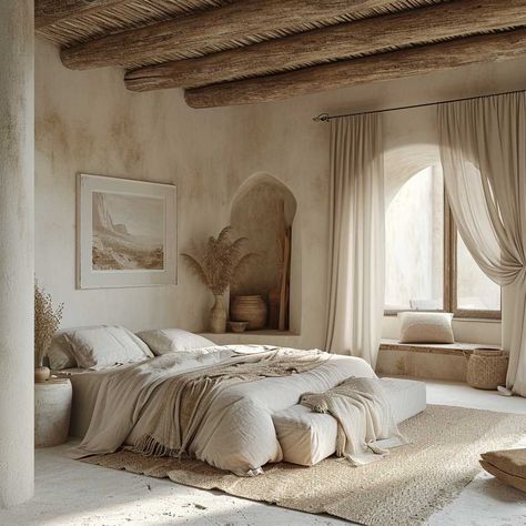 Bedding Neutral Colors, Open Space Bedroom, Tulum Bedroom, Mediterranean Minimalist Interior, Mediterranean Bedroom Design, Modern Mediterranean Bedroom, Minimalist Bedrooms, Mediterranean Bedroom, Mediterranean Interior Design