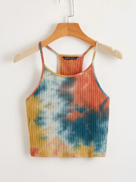 Tie Dye Cami Top | SHEIN USA Tie Dye Shirts, Tie Dye Tank Top, Spaghetti Strap Top, Tie And Dye, Sleeveless Crop Top, Spring Tops, Knit Crop, Strap Tops, Colorful Boho