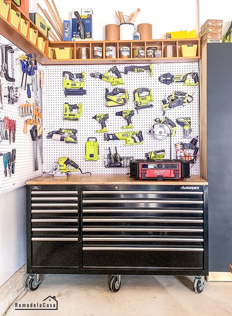 Garage Tool Wall Organization, Tools Room Organization, Garage And Tool Organization, Tool Area In Garage, Hardware Garage Organization, Tool Storage Ideas Small Spaces Garage, Mens Garage Ideas Tool Organization, Tool Bench Ideas, Shed Pegboard Organization