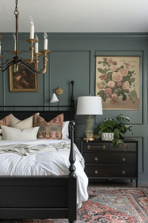 27 Rustic Sage Green Farmhouse bedroom Ideas Neutral And Green Bedroom Ideas, Bedroom Dark Green Aesthetic, Bedroom In Sage Green, Dark Bedroom Green, Modern Farmhouse Bedroom Ideas Master, Emerald Green And Black Bedroom Ideas, Dark Academia Guest Bedroom, Bedroom With Tall Ceilings Master Suite, Dark Green Guest Bedroom