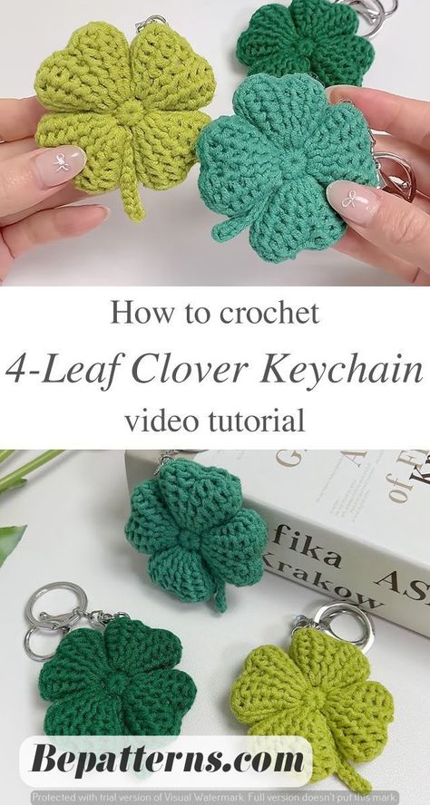 Four Leaf Clover Crochet, Bobble Stitch Crochet Blanket, How To Make Keychains, Clover Crochet, Clover Keychain, Make Keychains, Crochet Book Cover, Bobble Stitch Crochet, Different Crochet Stitches