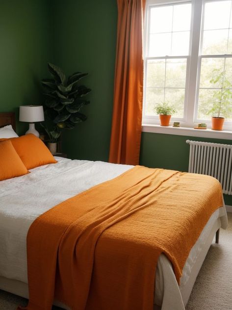 Green Bedroom With Orange Accents, Emerald Green And Burnt Orange Bedroom Ideas, Green Bedroom Orange Accents, Green Walls Orange Curtains, Orange And Green Walls, Sage Green And Burnt Orange Bedroom Ideas, Olive Green And Orange Bedroom, Emerald Green And Orange Bedroom, Forest Green And Orange Bedroom