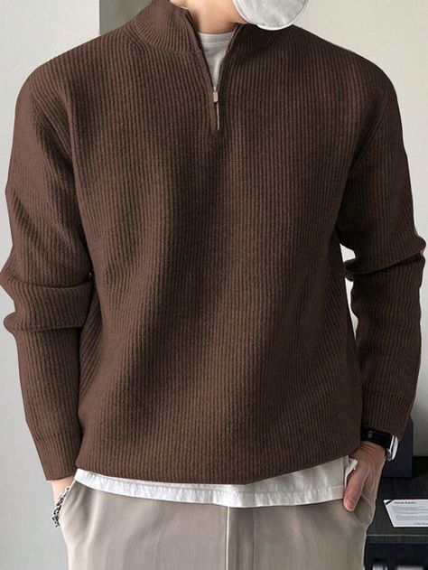 Brown Casual Collar Long Sleeve Fabric Plain Pullovers Embellished Medium Stretch  Men Clothing Mens Clothing Styles Winter Outfit, Man Sweater Outfits, Pullover Outfit Men, Beige Vest Outfit Men, Plain Shirt Outfit Men, Black And Brown Outfit Mens, Cold Outfits Men, Brown Pullover Outfit, Brown Sweater Outfit Men