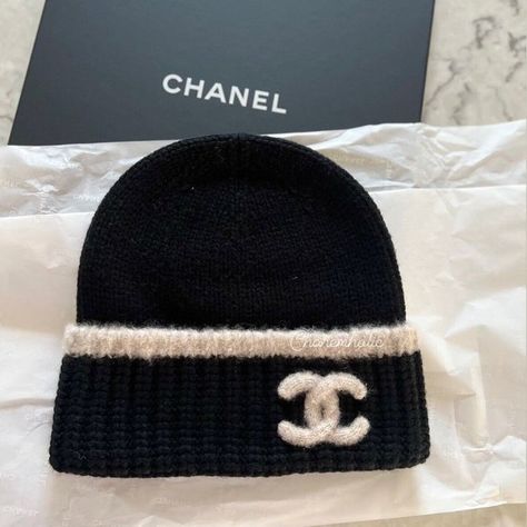 NWT!  23K Chanel beanie Hat Wool Cashmere black Beige logo  Chanel Beanie, Chanel Hat, Chanel Black And White, Chanel #1, Chanel Box, White Beanies, Hat Wool, Crochet Design Pattern, Fashion Cap