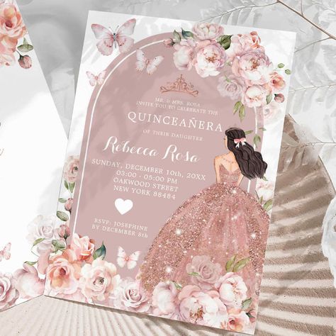 Boho Rose Gold Mexican Girl Princess Quinceañera Invitation Pink Xv Invitations, Rose Gold Theme Quinceanera, Rose Gold Quince Invitations, Quinceanera Rose Gold Theme, Rose Gold Quinceanera Decorations, Rose Gold Quinceanera Theme, Quinceanera Rose Gold, Quinceañera Themes, Gold Quinceanera Theme