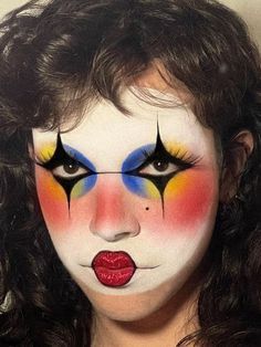 80s Clown Makeup, Salina Killa Clown, Artistic Clown Makeup, Black White And Red Clown Makeup, Beautiful Clown Makeup, 70s Clown Makeup, Abstract Clown Makeup, Drag Inspo Makeup, White Face Clown Makeup