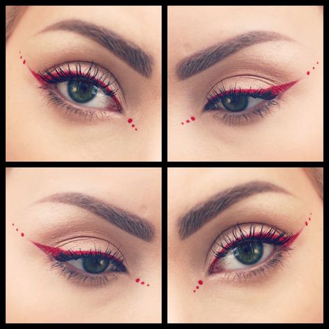 Red Graphic Liner Hooded Eyes, Red And White Eyeliner, Dots Eye Makeup, Red Eyeliner Aesthetic, Dot Eye Makeup, Red Eyeliner Looks, Makeup Dots, Red Graphic Liner, Bday Makeup