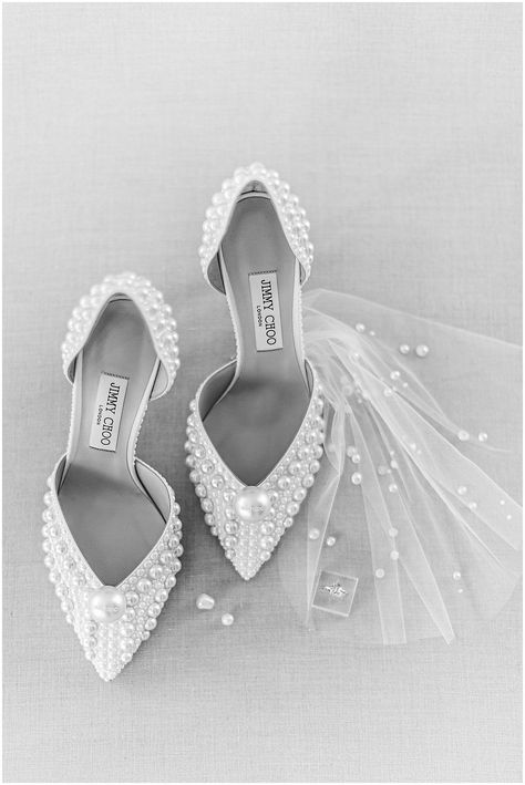 These pearl covered Jimmy Choos are just a taste of the inspiration from this gorgeous pearl inspired shoot! Check out the blog for tons of formal wedding inspiration! Jimmy Choo Pearl Wedding Shoes, Jimmy Choo Pearl Heels Outfit, Pearl Jimmy Choo Heels, Wedding Shoes Bride Pearl, Pearl Bride Shoes, Wedding Shoes Low Heel Pearl, Wedding Heels With Pearls, Pearl Wedding Heels Bride Shoes, Modern Wedding Heels