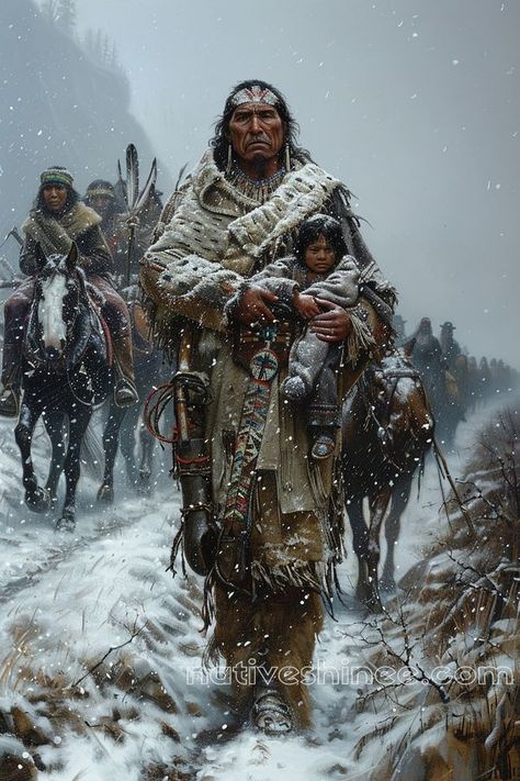 Snow Falls, Native American Men, Trail Of Tears, Feather Painting, On Horseback, Native American Heritage, Long Journey, Snow Storm, American Heritage