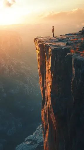 ↑↑↑ Larger size on website 🔸 A lone figure stands on the edge of a sheer cliff, gazing out at a vast, rugged landscape. The setti Falling Off A Cliff, Mountain Cliff, Rugged Landscape, Cliff Edge, Rocky Terrain, The Setting Sun, Long Shadow, Power Of Nature, Golden Light