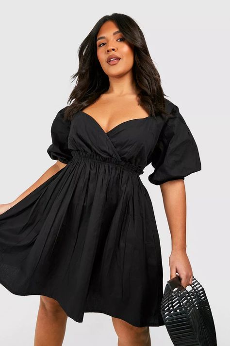 PLUS POPLIN PUFF SLEEVE V NECK SMOCK DRESS Plus Size Smock Dress, Weave Bob, Black Flowy Dress, Work Wear Casual, Classy Short Dresses, Flattering Outfits, Fitting Dress, Loose Fitting Dresses, Dress Orange