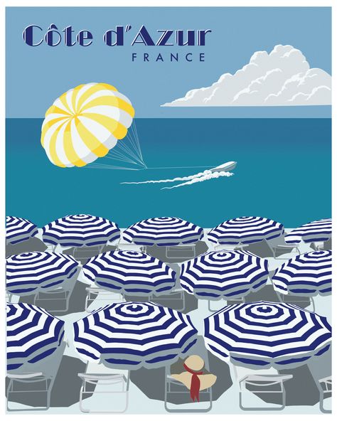 Vintage style travel poster inspired by the beaches of the French Riviera is full of summer vibes. Nice France Poster, France Travel Poster, Nice French Riviera, French Riviera Map, French Riviera Illustration, French Poster Design, Vintage Beach Illustration, Cannes Illustration, French Posters Vintage