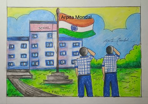 By arpita mondal Independence Day Drawing Ideas, August Drawing, Drawing In Circle, Color Worksheets For Preschool, Independence Day Drawing, Memory Drawing, Pattern Design Drawing, Easy Cartoon, Drawing Scenery