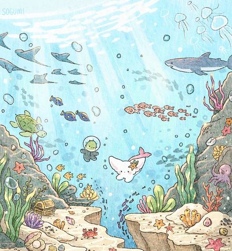 Underwater Art Aesthetic, Life Underwater Drawing, Sea Monster Painting, Aquarium Digital Art, Underwater Background Drawing, Ocean School Project, Ocean Plants Drawing, Underwater Life Drawing, Underwater Room Aesthetic