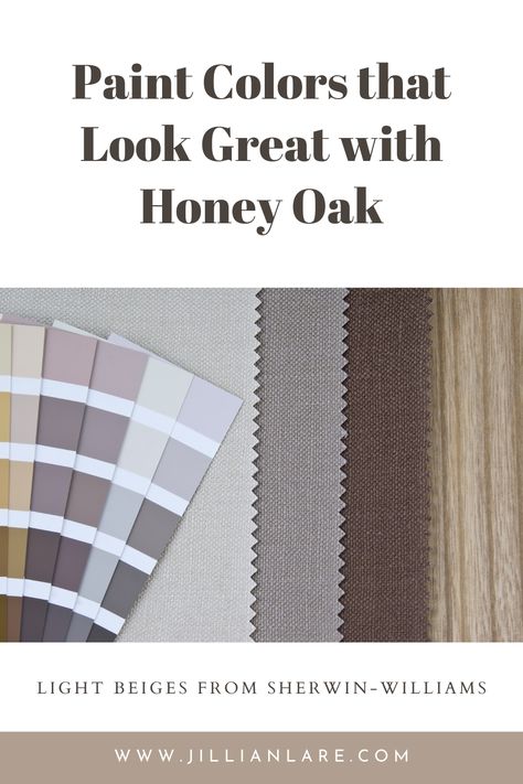 Six paint colors from Sherwin-Williams that look great with honey oak trim and cabinets - three light grays and three yellow-greens. Paint Colors For Honey Oak, Light Beige Paint Colors, Plum Paint Colors, Honey Oak Trim, Cream Paint Colors, Beige Paint Colors, Stained Trim, Honey Oak Cabinets, Floor Living