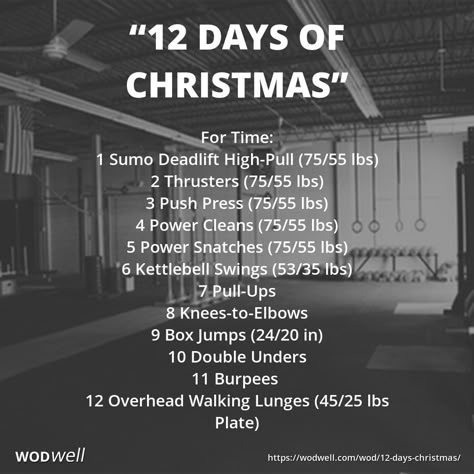 "12 Days of Christmas" WOD - For Time: 1 Sumo Deadlift High-Pull (75/55 lbs); 2 Thrusters (75/55 lbs); 3 Push Press (75/55 lbs); 4 Power Cleans (75/55 lbs); 5 Power Snatches (75/55 lbs); 6 Kettlebell Swings (53/35 lbs); 7 Pull-Ups; 8 Knees-to-Elbows; 9 Box Jumps (24/20 in); 10 Double Unders; 11 Burpees; 12 Overhead Walking Lunges (45/25 lbs Plate) Wods Crossfit, Ascending Order, Sumo Deadlift, Crossfit Workouts Wod, Crossfit Workouts At Home, Walking Lunges, Kettlebell Cardio, Crossfit At Home, Christmas Workout