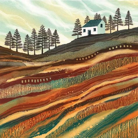 Rebecca Vincent artist tree line monotypes or monoprints landscape art Rebecca Vincent Art, White Cottages, Rebecca Vincent, Vincent Art, Art Stencils, Landscape Art Quilts, Sunrise Landscape, Landscape Quilt, Landscape Quilts