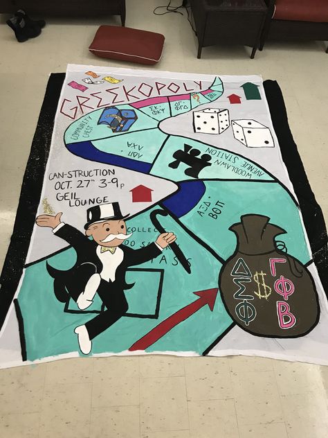 Greek Week Monopoly Theme Greek Week Theme Ideas, Greek Week Banner, Greek Week Theme, Monopoly Theme, Greek Theme, Greek Week, Rush Week, Frat Parties, Banner Ideas