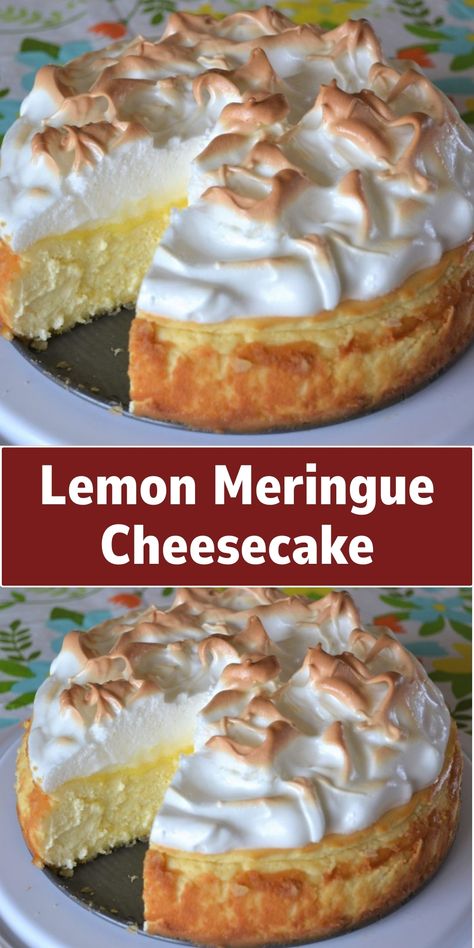 Lemon Meringue Cheesecake Meringue Cheesecake, Meringue Topping, Lemon Meringue Cheesecake, Baked Meringue, Lemon Cheesecake Recipes, No Bake Lemon Cheesecake, Lemon Dessert Recipes, Cheesecake Desserts, Meringue Pie