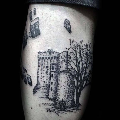 70 Irish Tattoos For Men - Ireland Inspired Design Ideas Irish Castle Tattoo, Mens Irish Tattoos, Irish Tattoo Ideas, Ireland Tattoo Ideas, Irish Tattoos For Men, Irish Tattoo, Ireland Tattoo, Celtic Cross Tattoos, Castle Tattoo