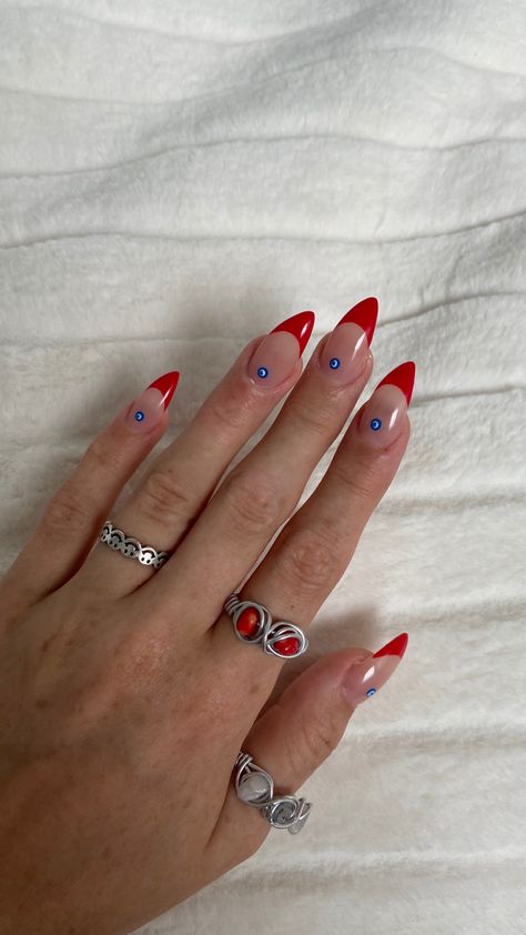 French Nails With Stickers, Evil Eye Red Nails, Evil Eye Nails Red, Red Nails With Evil Eye, Red Evil Eye Tattoo, Hippie Acrylics, Nail Art Aesthetic Red, Nails With Eyes, Red Evil Eye Nails