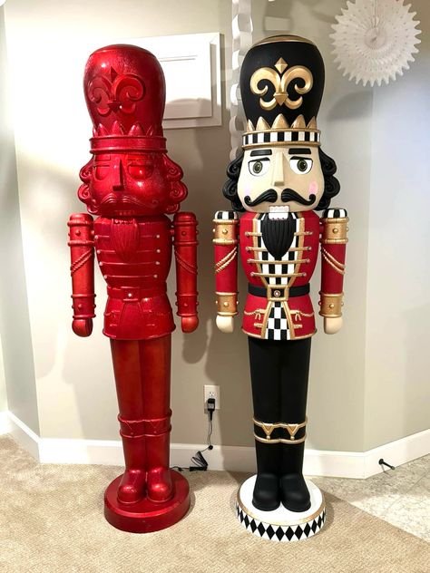 DIY Tall Nutcracker Before/After Painting. White blank Nutcracker DIY craft. Repainting Nutcracker idea. Walmart nutcracker. Repainting christmas decor. Large Nutcracker. Front door decor. Outdoor Christmas. Red and Black Christmas. Checkerd nutcracker. NASCAR Christmas. Christmas Red And Black, Nutcracker Diy, Large Nutcracker, Nutcrackers Display, Red And Black Christmas, Floral Christmas Tree, Nutcracker Figures, Nutcracker Decor, Nutcracker Christmas Decorations