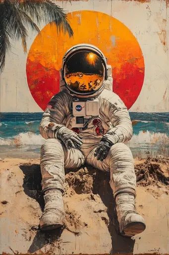 ↑↑↑ Larger size on website 🔸 An astronaut in a white spacesuit is sitting on a sandy beach.  The astronaut's helmet is reflecting Astronaut Helmet, Graffiti Painting, Sunny Beach, On Beach, Palm Tree, Palm Trees, Pop Art, Graffiti, Trees