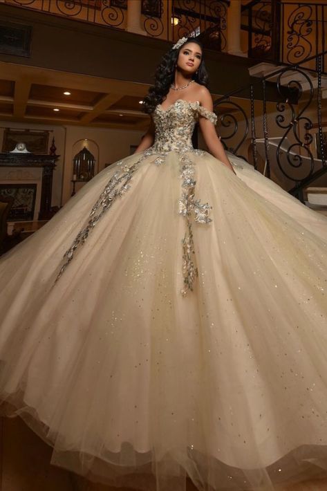 champagne tulle quince dress Gold Wedding Ball Gown, Champagne Quinceanera, Champagne Quince, Pastel Prom Dress, Poofy Prom Dresses, Puffy Prom Dresses, Charro Quince, Alyce Paris Prom Dresses, Champagne Quinceanera Dresses